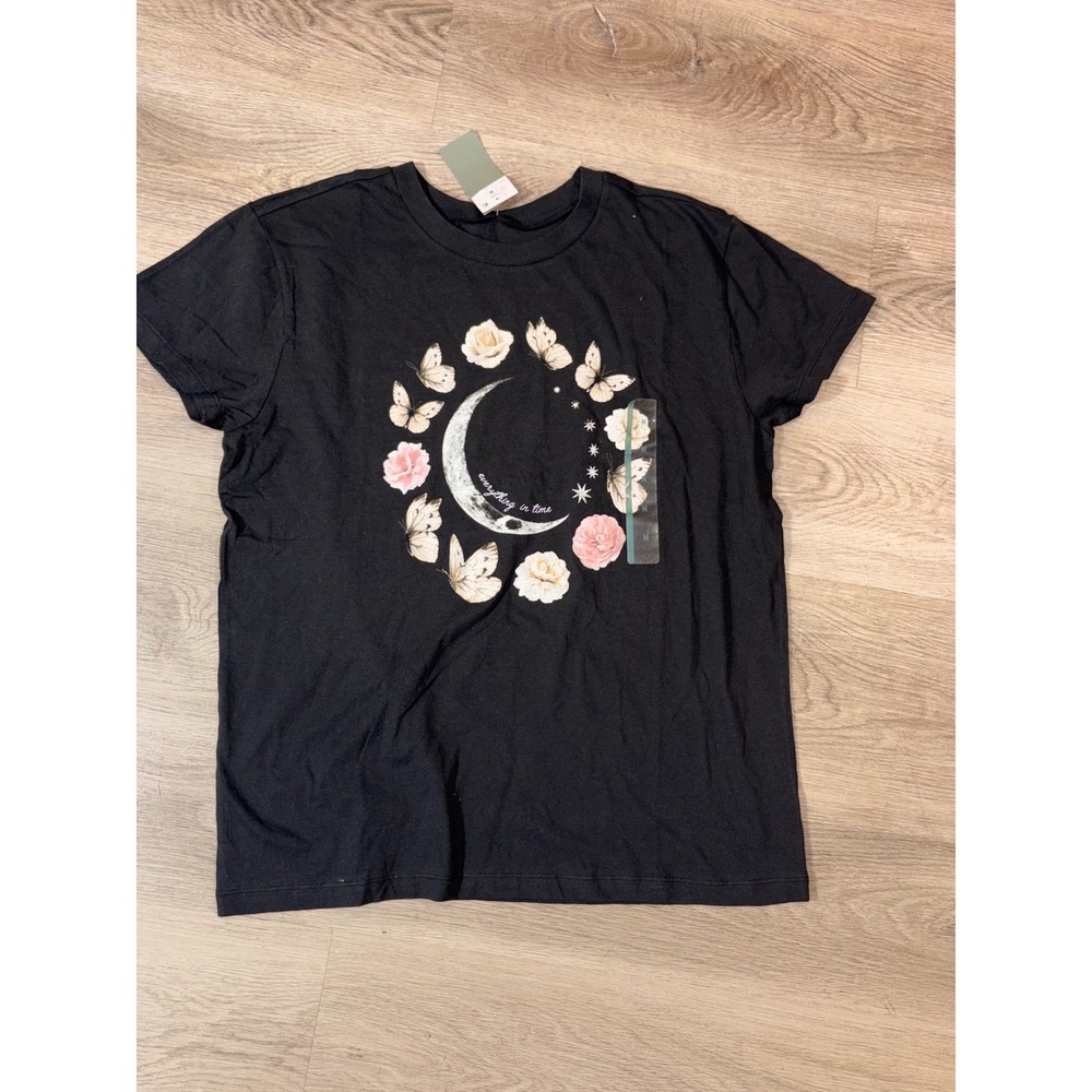 Doe Everything In Time Crescent Moon Butterfly Rose Graphic Tee Black Medium NWT